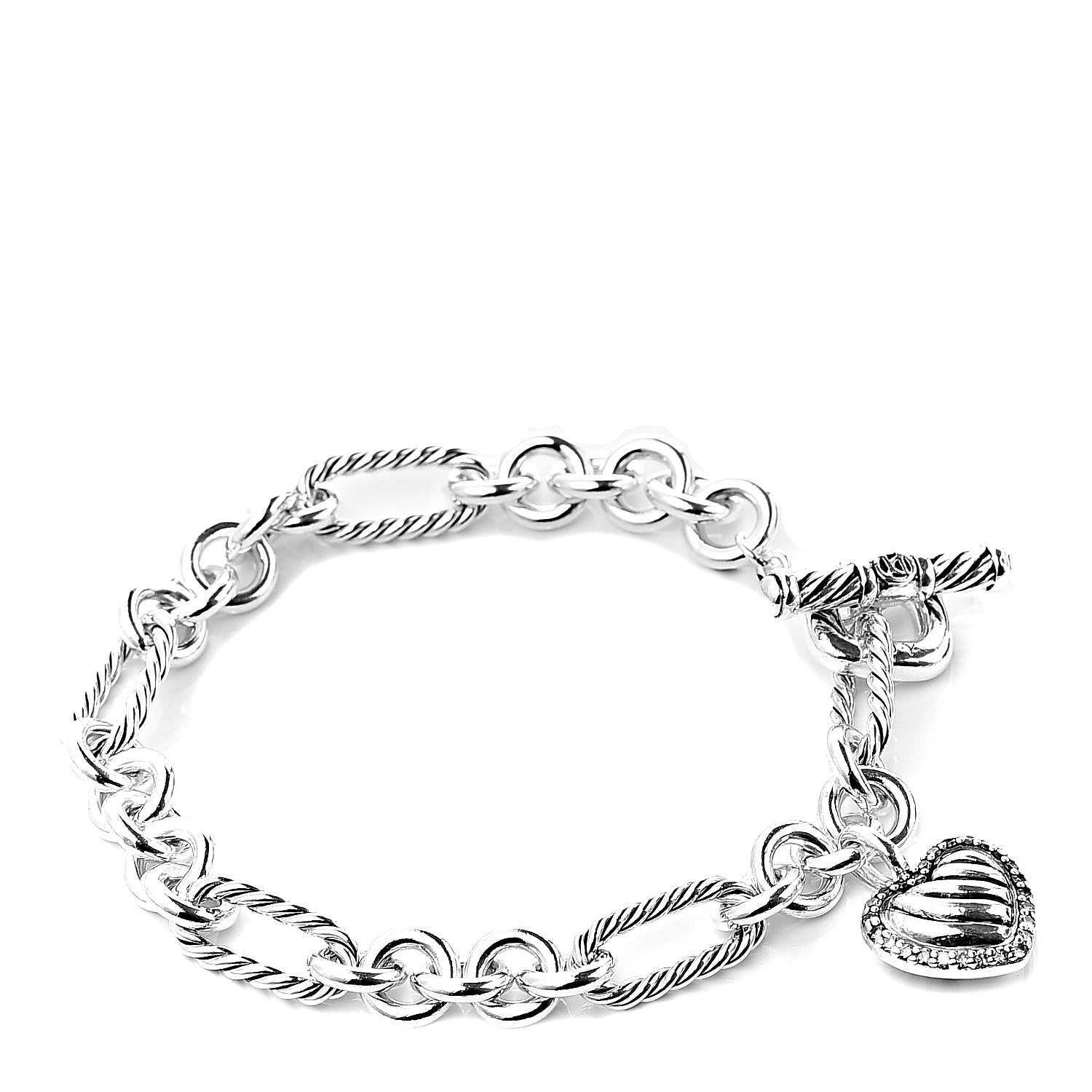 David Yurman Sterling Silver Diamond Cable Heart Charm Bracelet 1 of 6