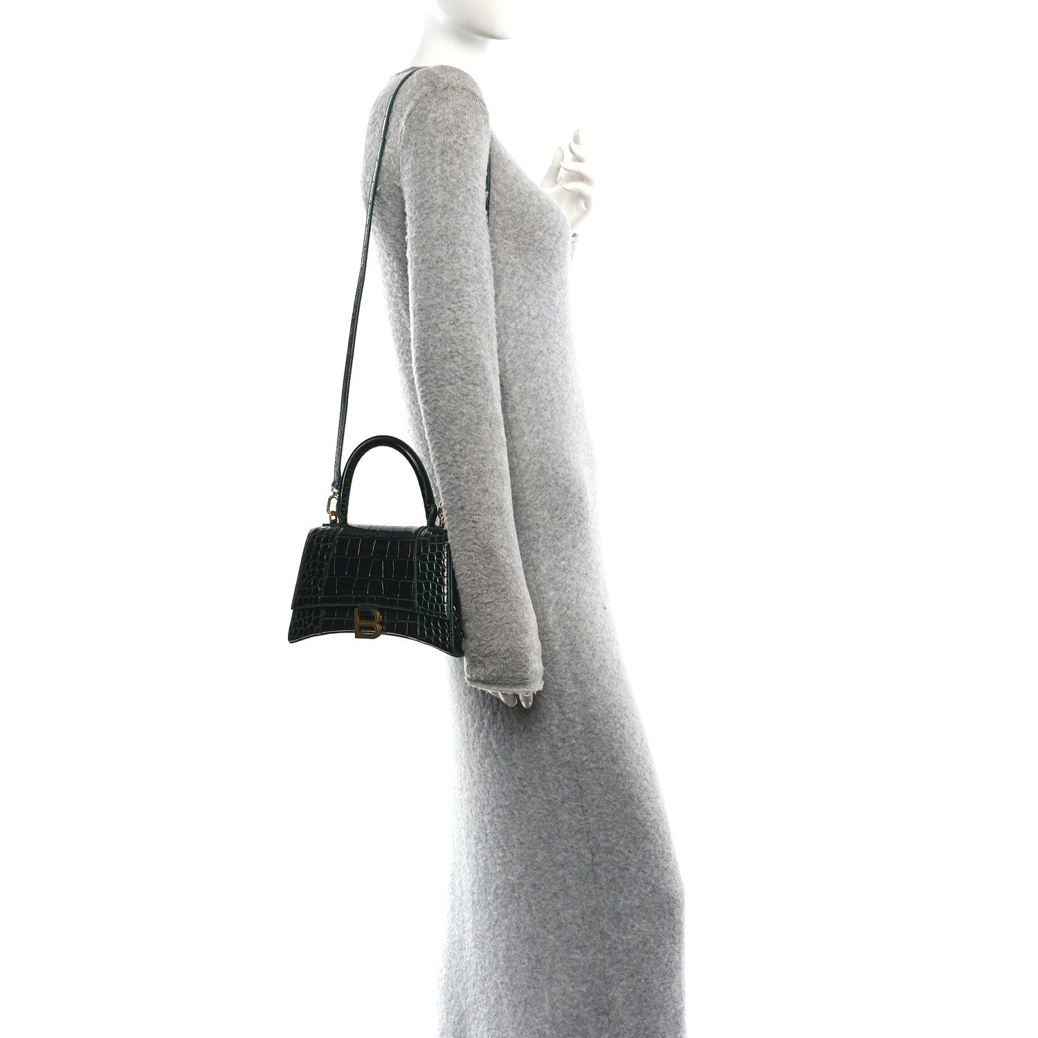 Balenciaga Shiny Calfskin Crocodile Embossed Small Hourglass Top Handle Bag Forest Green 2 of 11