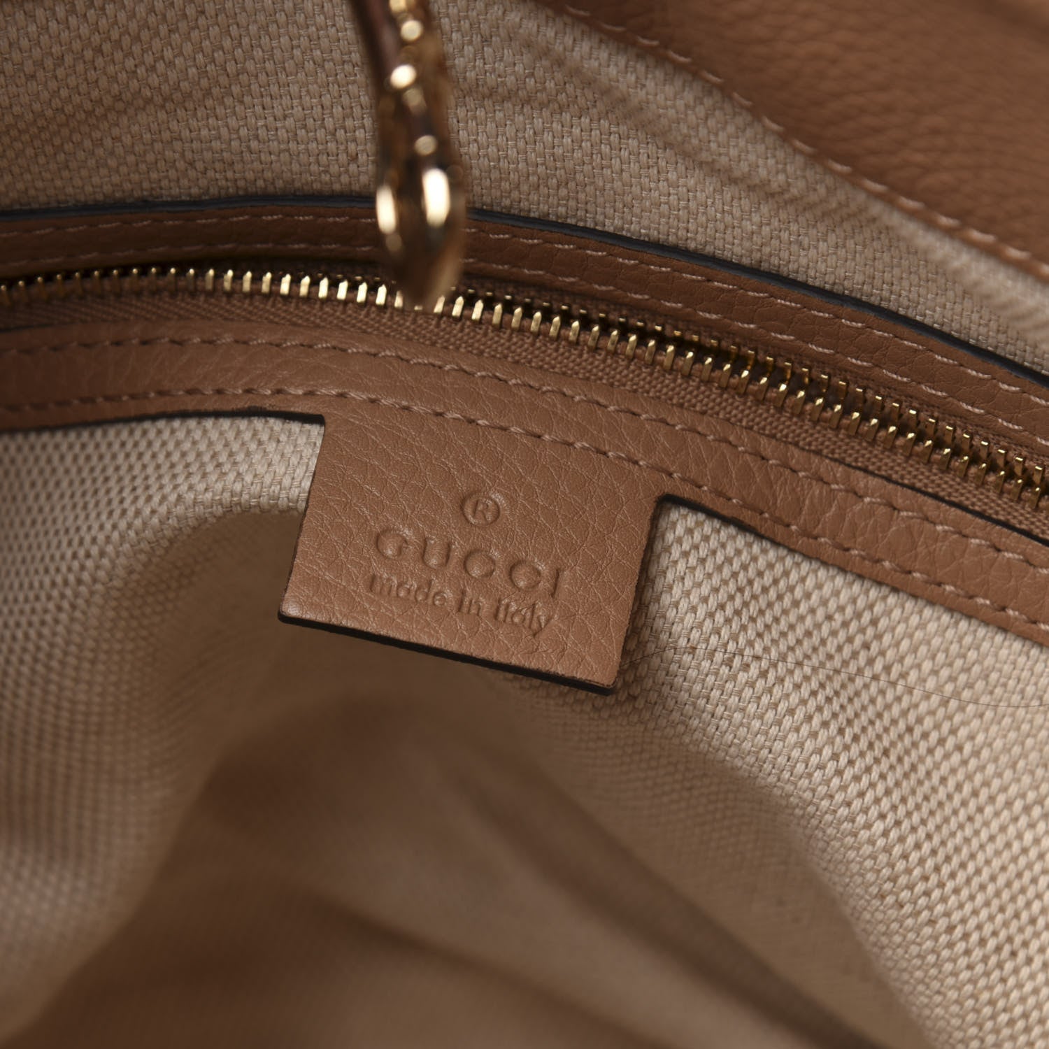 Gucci Linen Canvas Pebbled Calfskin Medium Soho Chain Shoulder Bag White Camelia 8 of 10