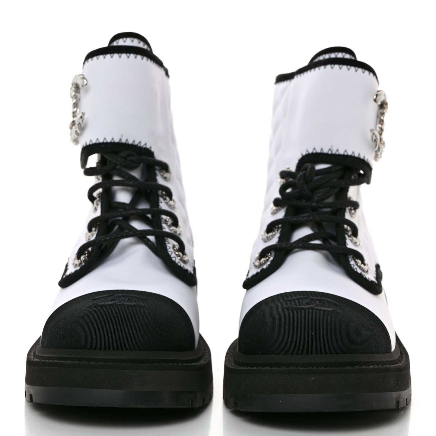 Fabric Grosgrain Quilted Cap Toe Lace Up Combat Boots 38.5 White Black