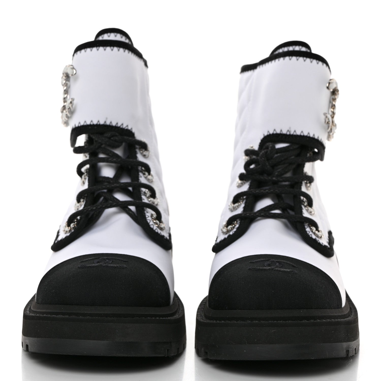 Chanel Fabric Grosgrain Quilted Cap Toe Lace Up Combat Boots 38.5 White Black 2 of 8