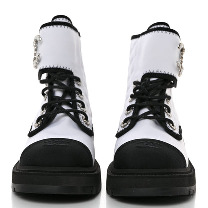 Chanel Fabric Grosgrain Quilted Cap Toe Lace Up Combat Boots 38.5 White Black 2 of 8