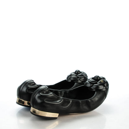 Chanel Lambskin Elastic Camellia Ballerina Flats 38 Black 4 of 8