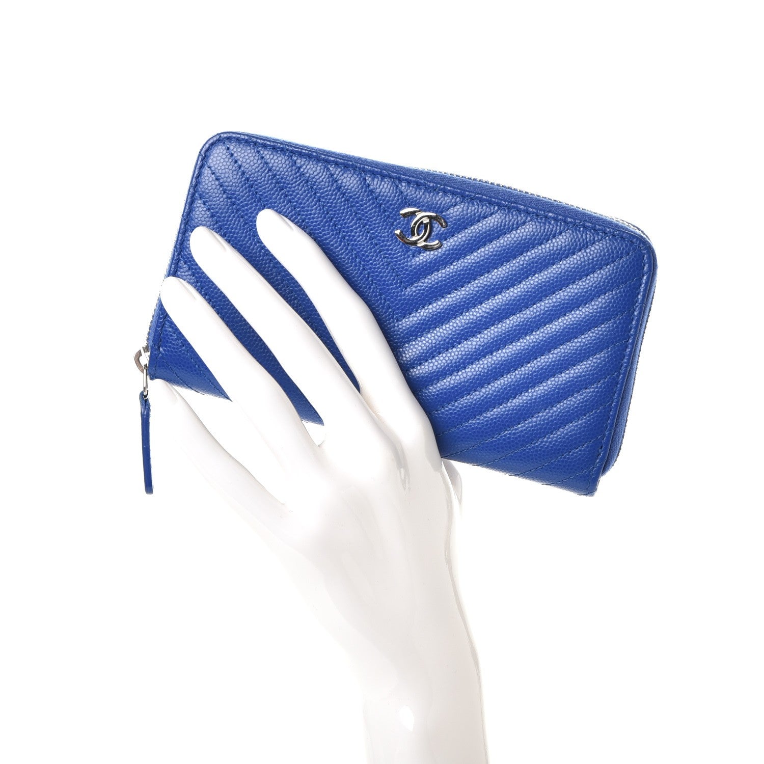Chanel Caviar Chevron Quilted Small Zip Around Wallet Bright Blue 2 of 10