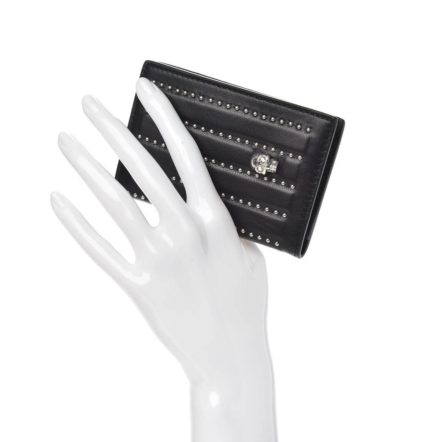 Calfskin Studded Skull Card Holder Black
