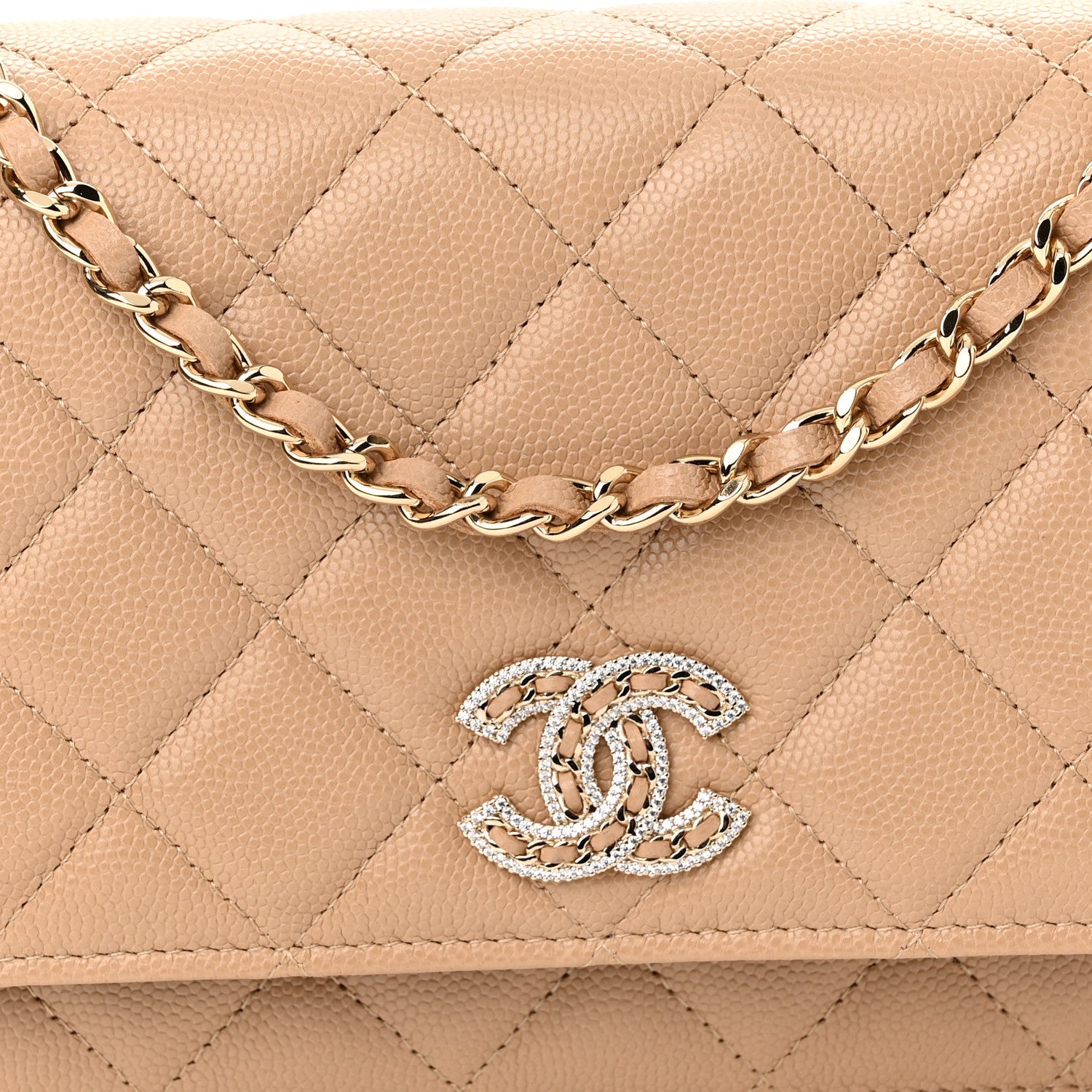 Chanel Caviar Quilted Crystal CC Wallet On Chain WOC Beige 9 of 12