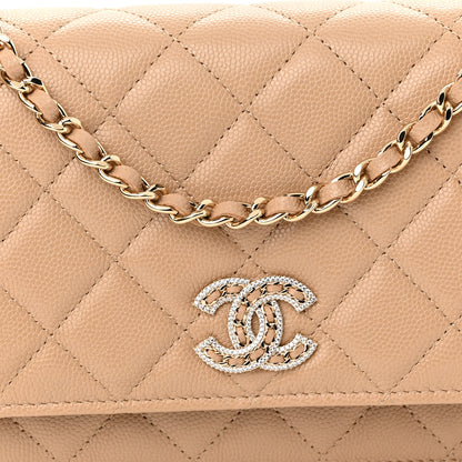 Chanel Caviar Quilted Crystal CC Wallet On Chain WOC Beige 9 of 12