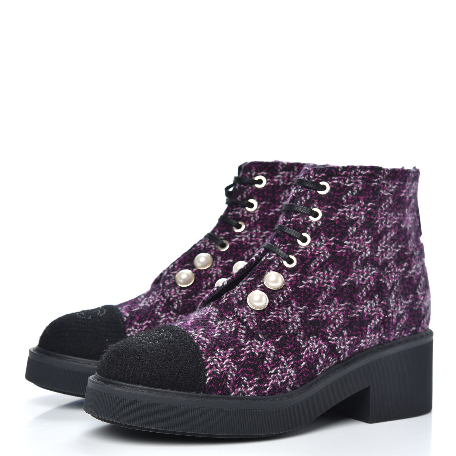 Chanel Tweed Pearl Combat Short Boots 37 Purple Black 3 of 8