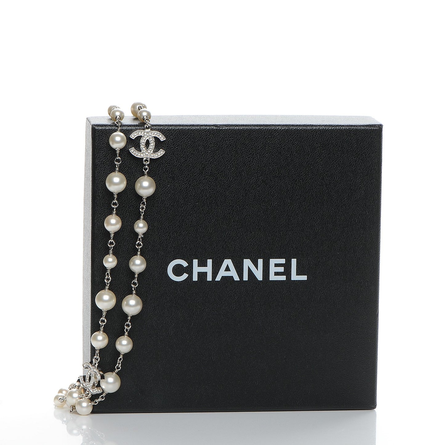 Crystal Pearl CC Long Necklace Silver