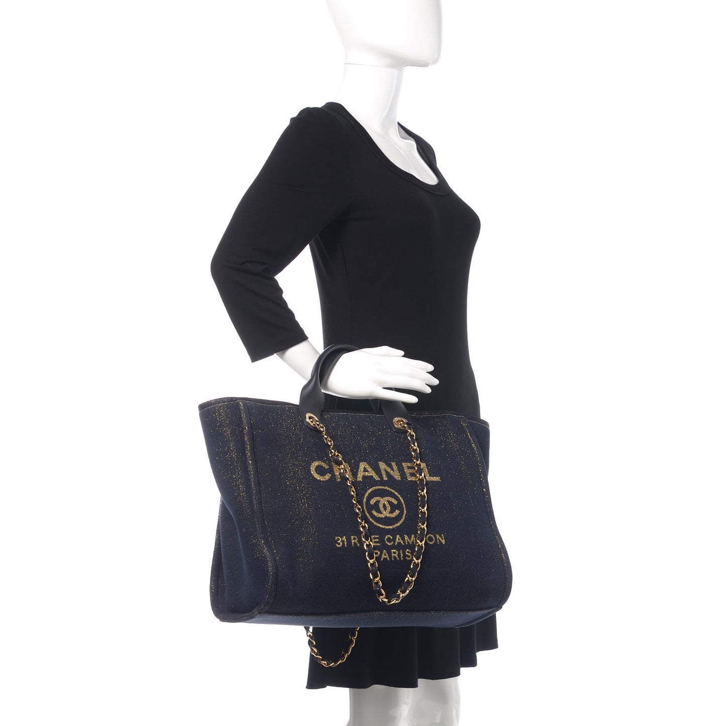 Lurex Canvas Medium Deauville Tote Navy Blue Gold