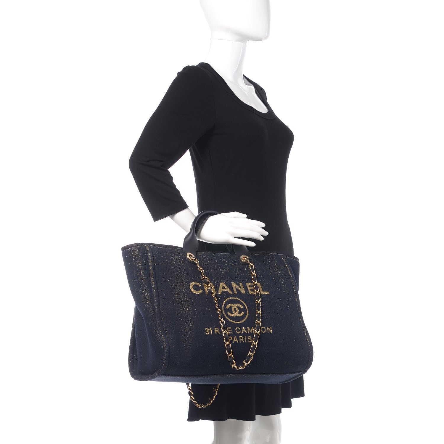 Chanel Lurex Canvas Medium Deauville Tote Navy Blue Gold 2 of 10