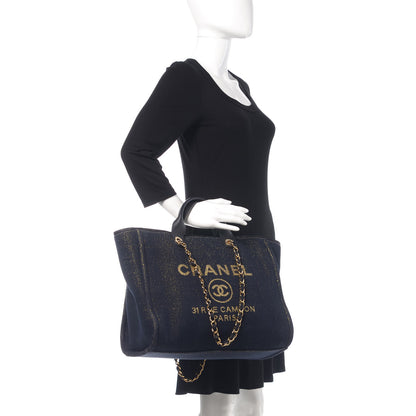 Chanel Lurex Canvas Medium Deauville Tote Navy Blue Gold 2 of 10