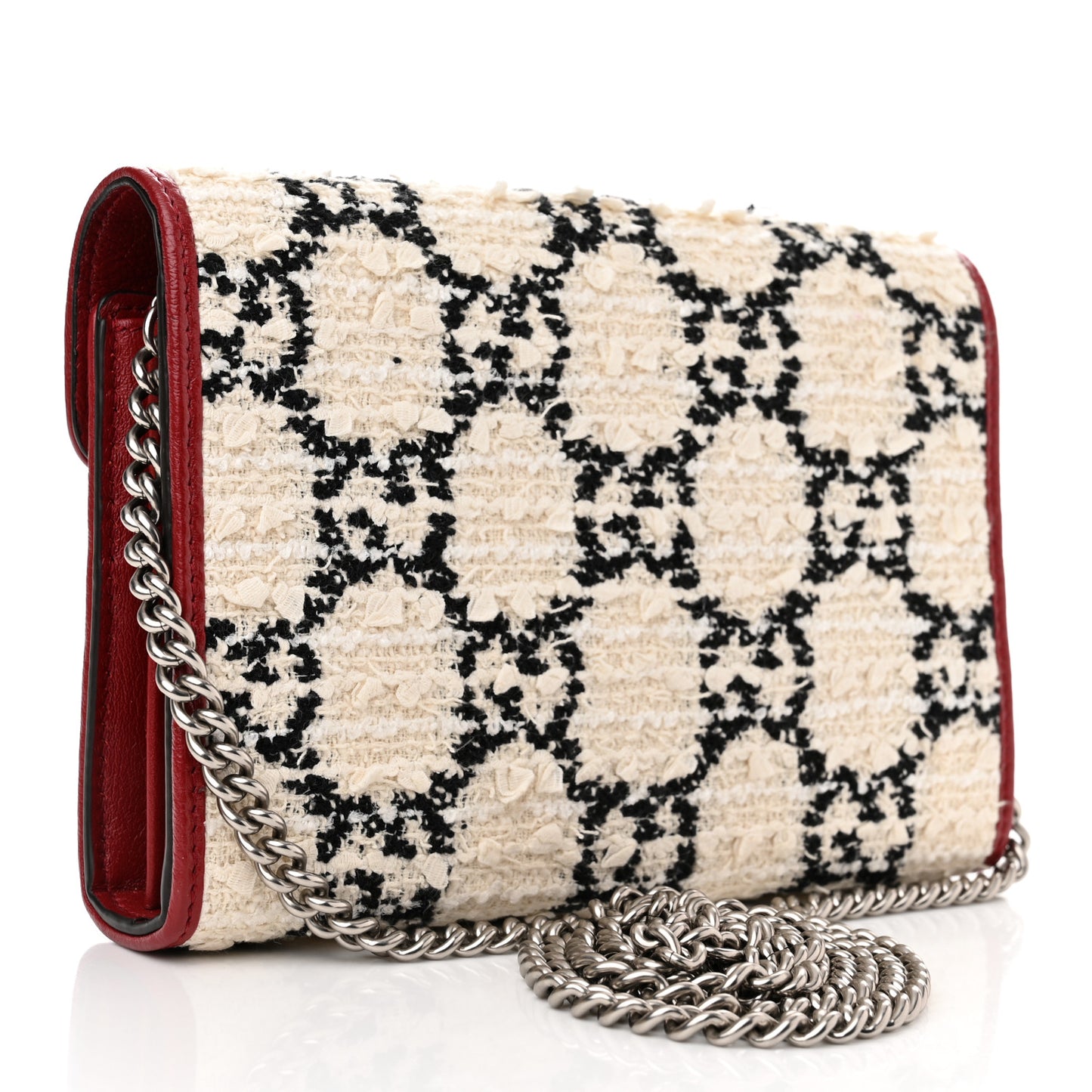 Tweed GG Monogram Mini Dionysus Chain Wallet White Black Romantic Cherry