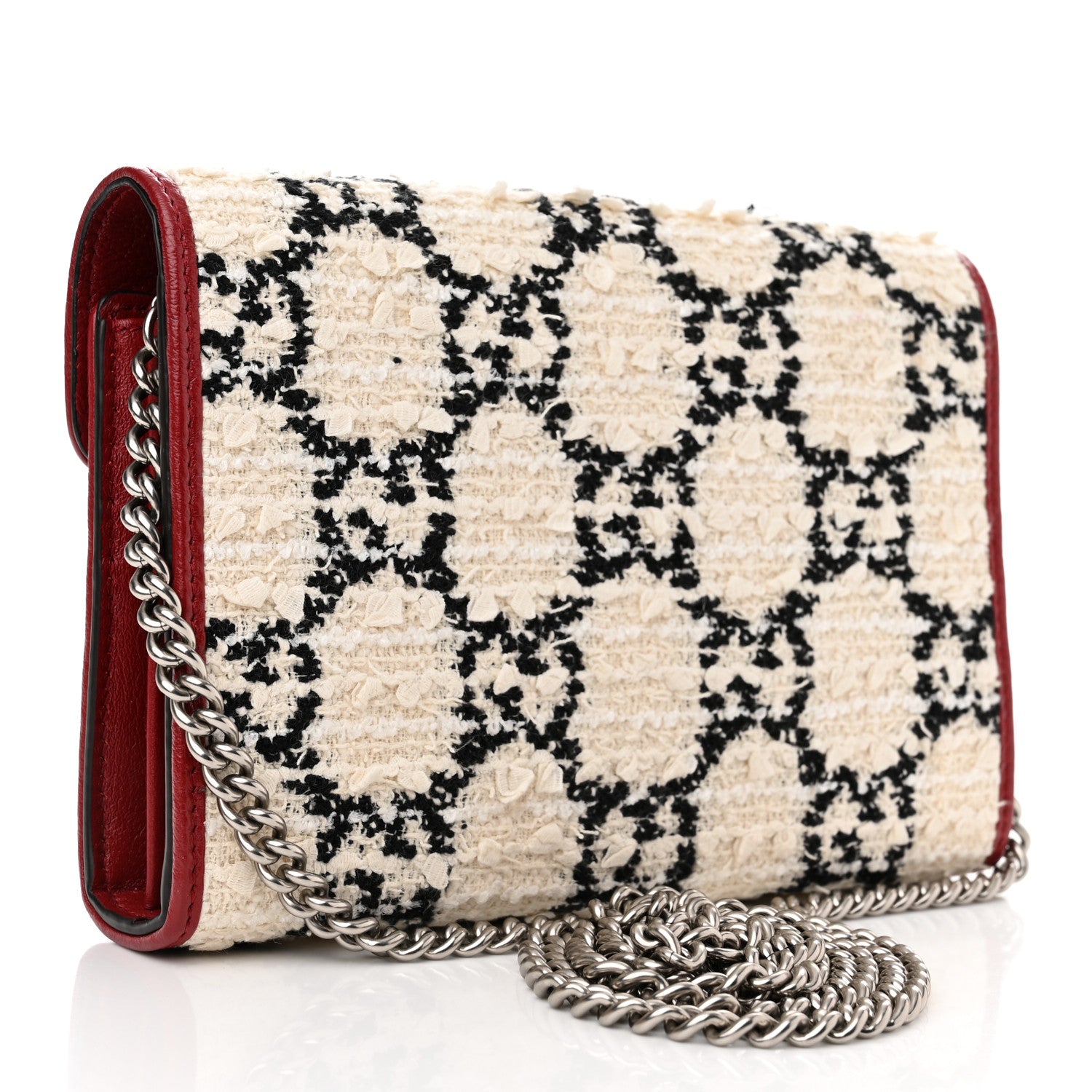 Gucci Tweed GG Monogram Mini Dionysus Chain Wallet White Black Romantic Cherry 3 of 11