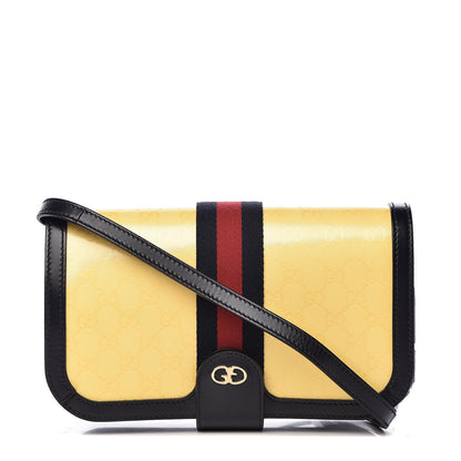 Gucci Crystal Monogram Plutone Calfskin Web Ophidia Flap Messenger Bag Straw Yellow Blue 1 of 11
