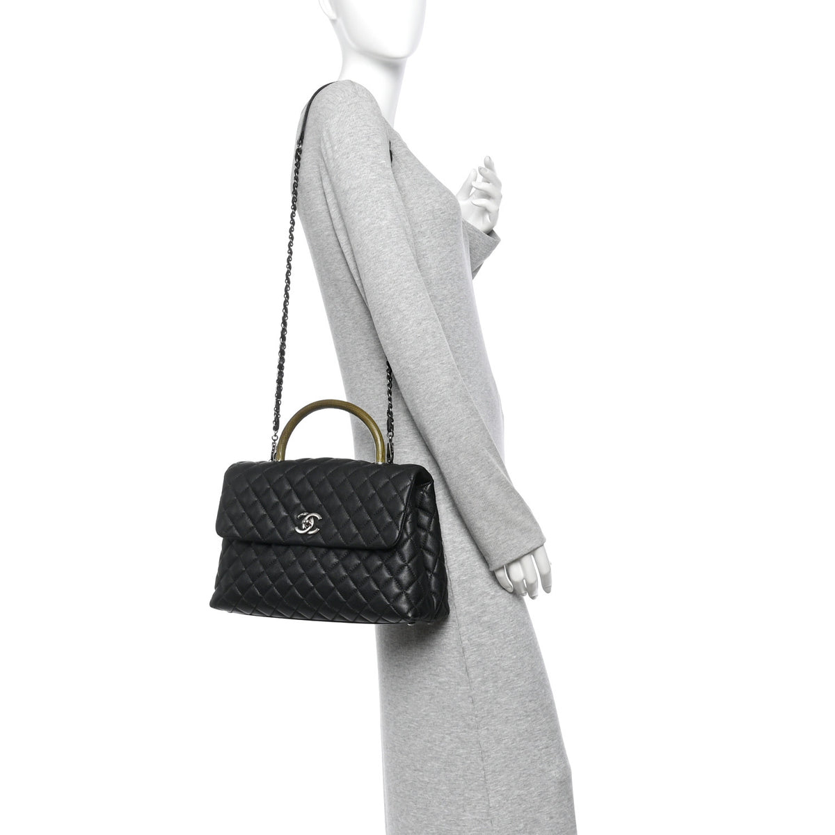 Caviar Lizard Quilted Medium Coco Handle Flap Black Khaki