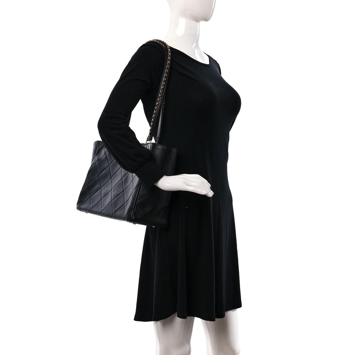 Calfskin Quilted Chain Shopping Tote Black