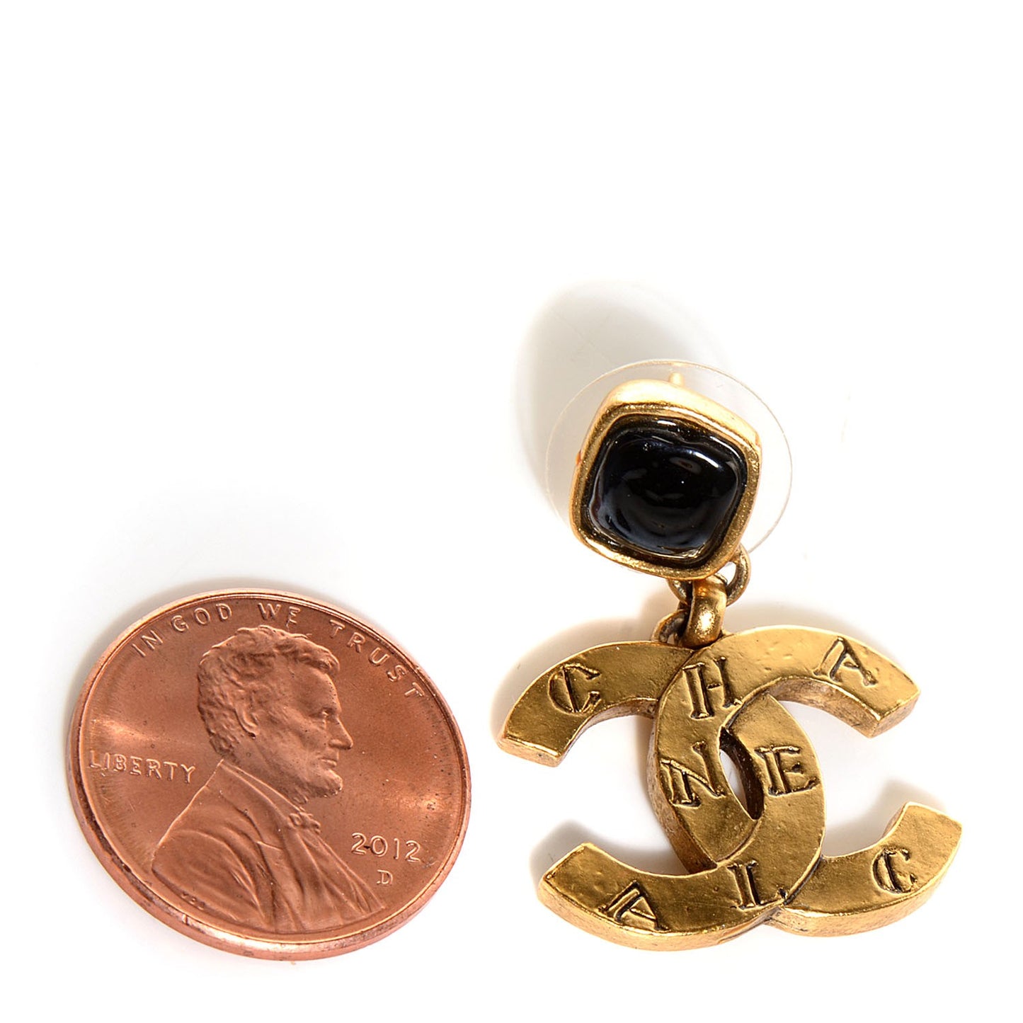 Black Stone CC Dangle Earrings Gold
