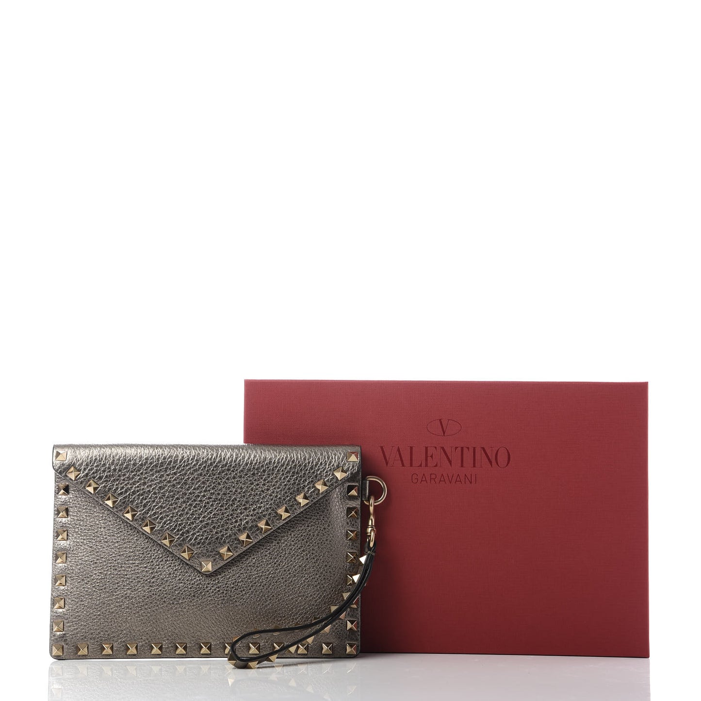 Metallic Pebbled Calfskin Medium Rockstud Envelope Flat Wristlet Pouch Sasso