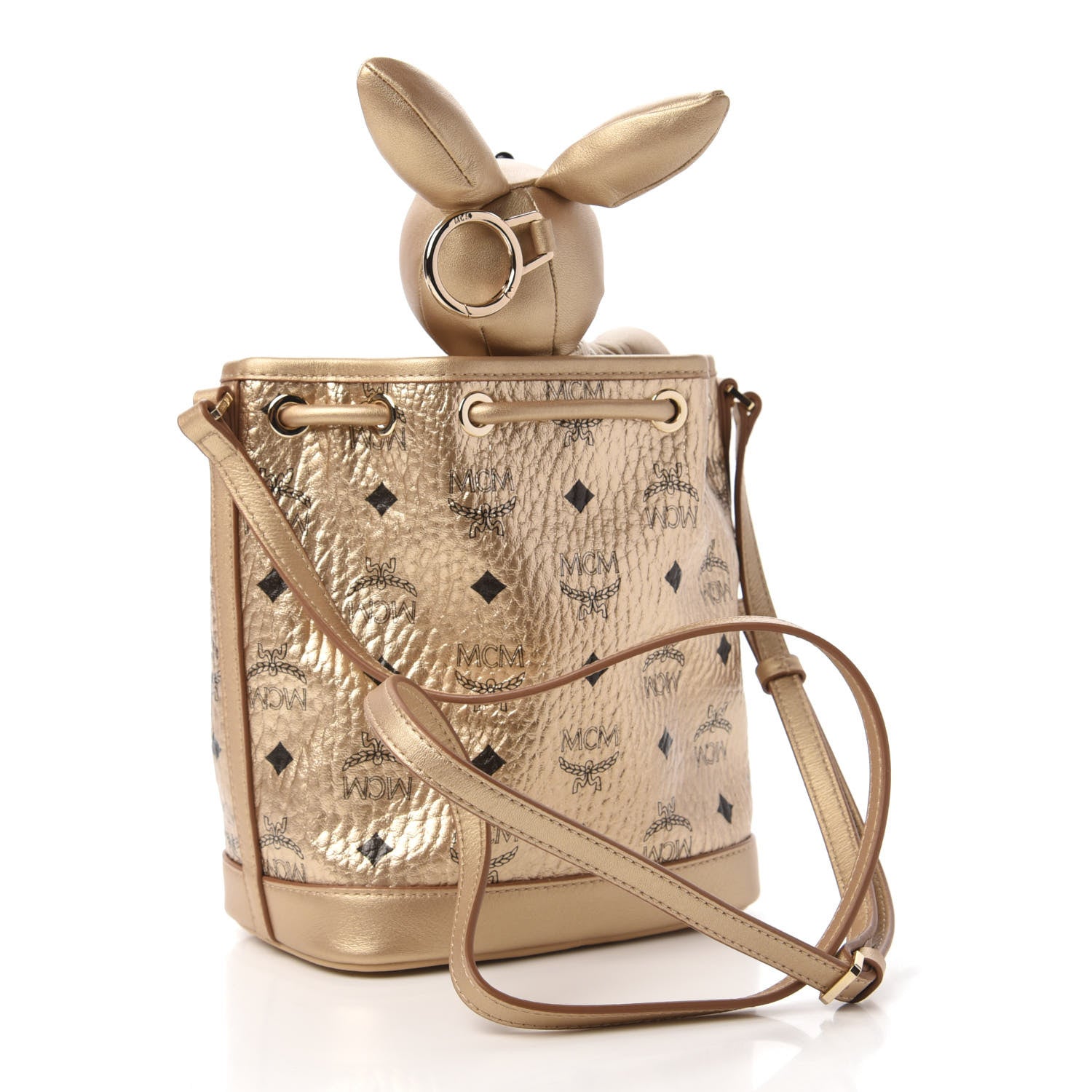 MCM Metallic Visetos Zoo Rabbit Drawstring Bucket Bag Berlin Gold 3 of 11