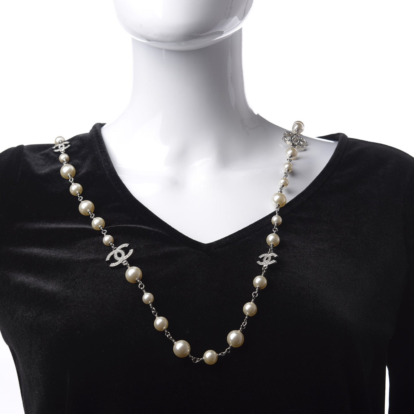 Graduated Pearl Crystal CC Long Necklace Silver