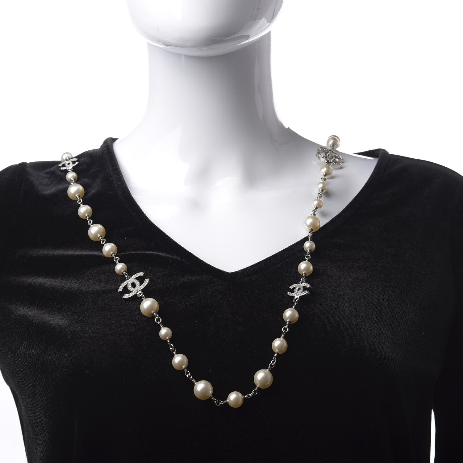 Chanel Graduated Pearl Crystal CC Long Necklace Silver 2 of 5