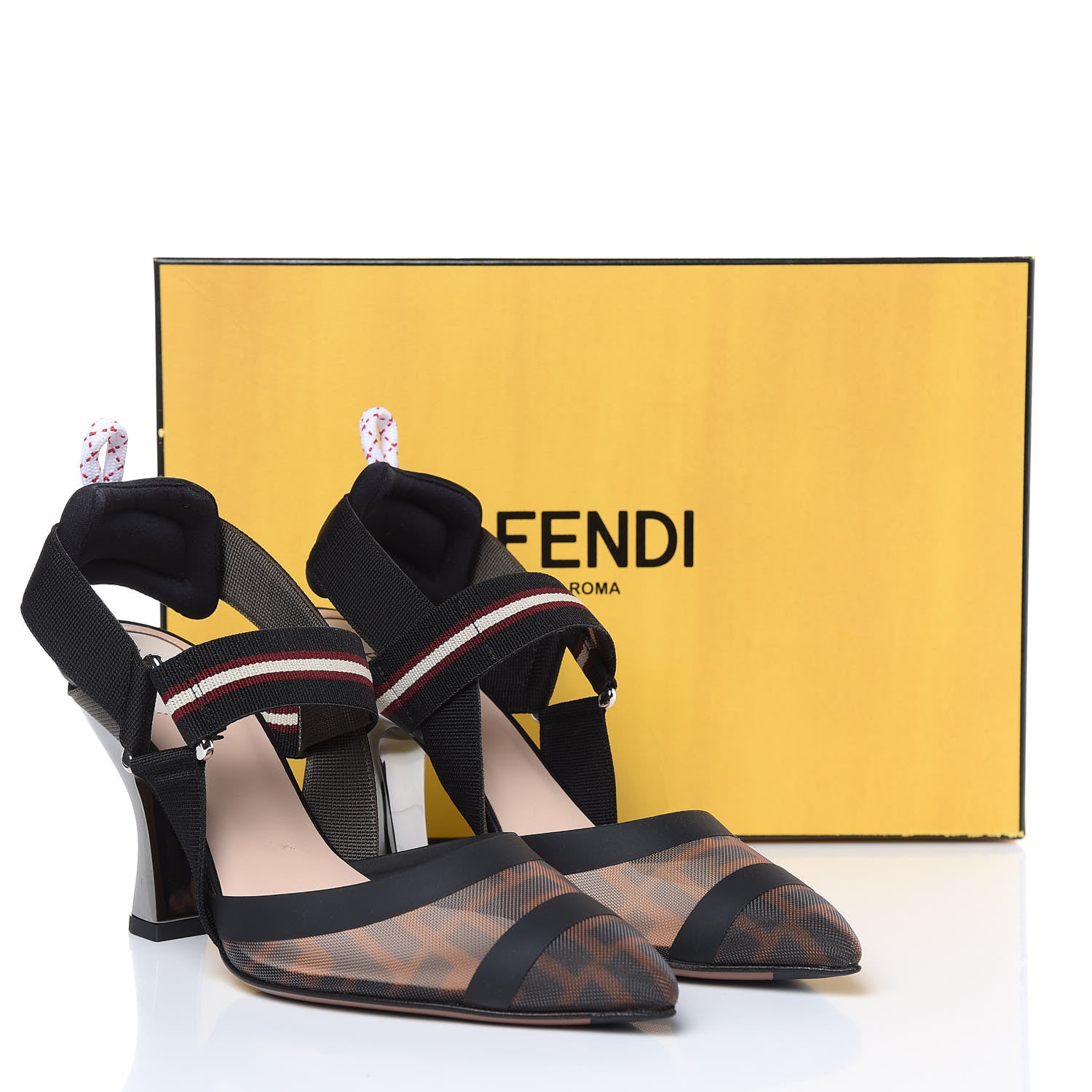 Fendi Technical Mesh FF Colibri 85mm Slingback Pumps 36 Tobacco Moro Bordeaux Black Military 8 of 8