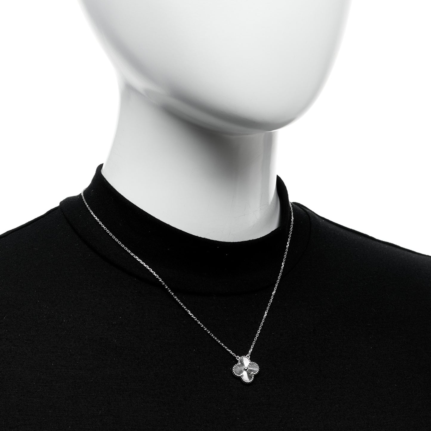 18K White Gold Guilloche Vintage Alhambra Pendant Necklace