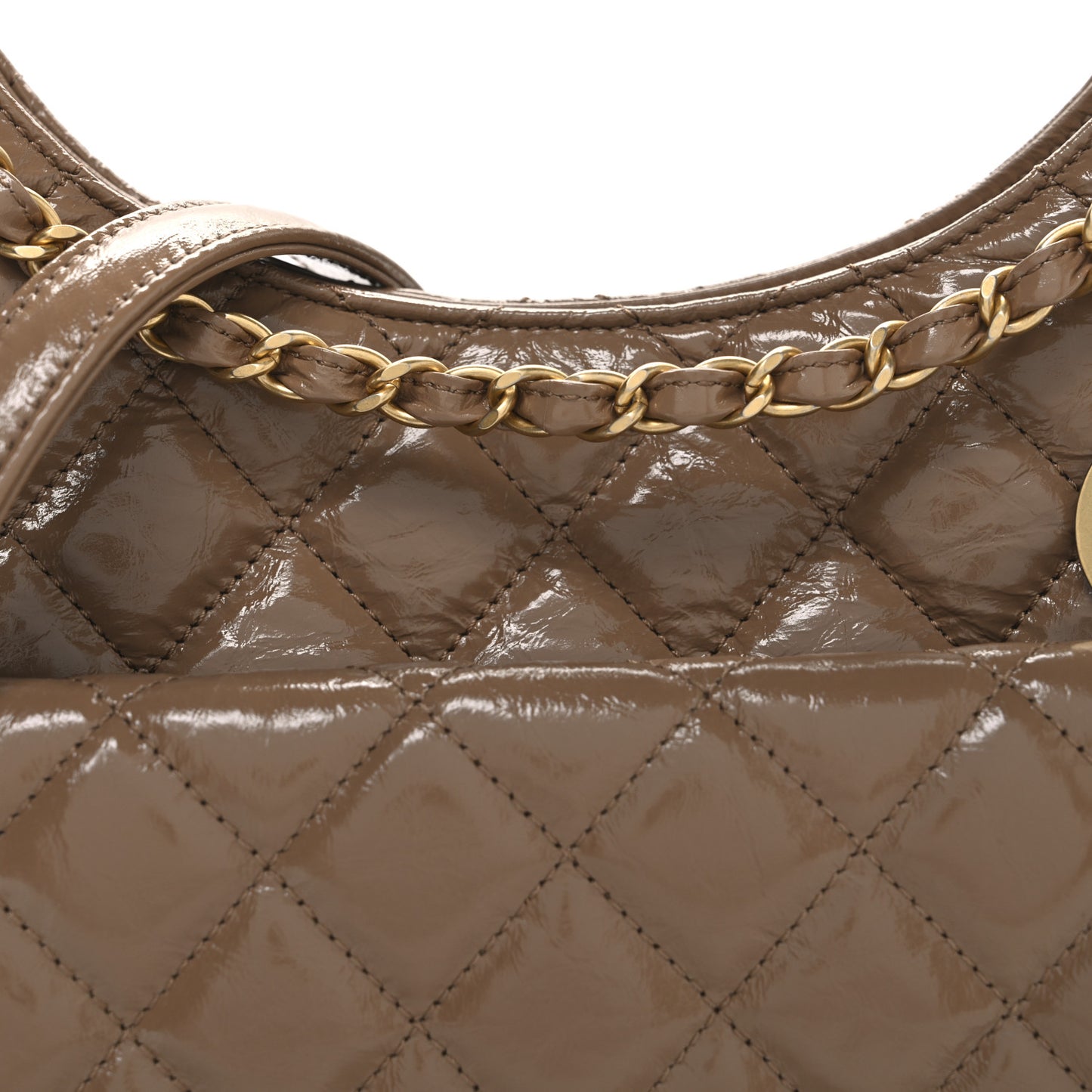 Shiny Crumpled Calfskin Quilted Wavy CC Hobo  Dark Beige
