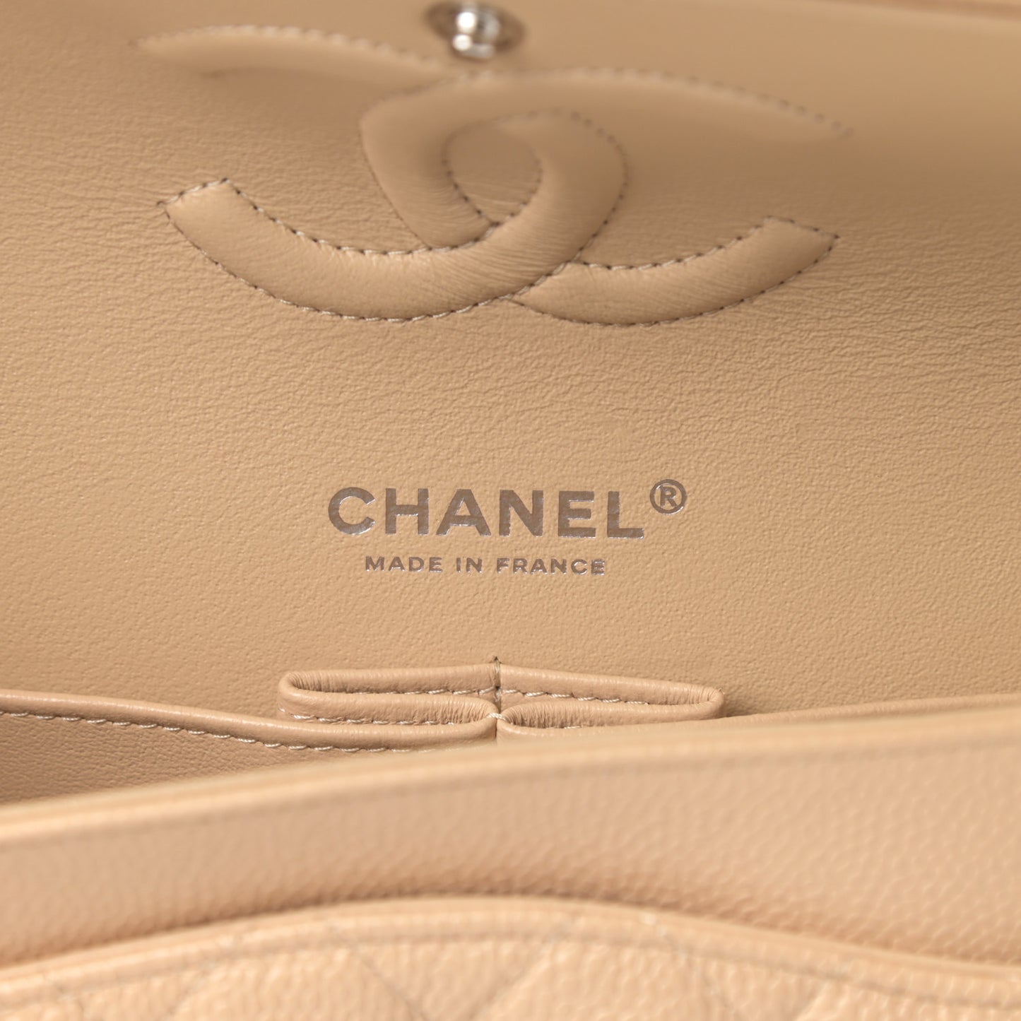 Caviar Quilted Medium Double Flap Beige