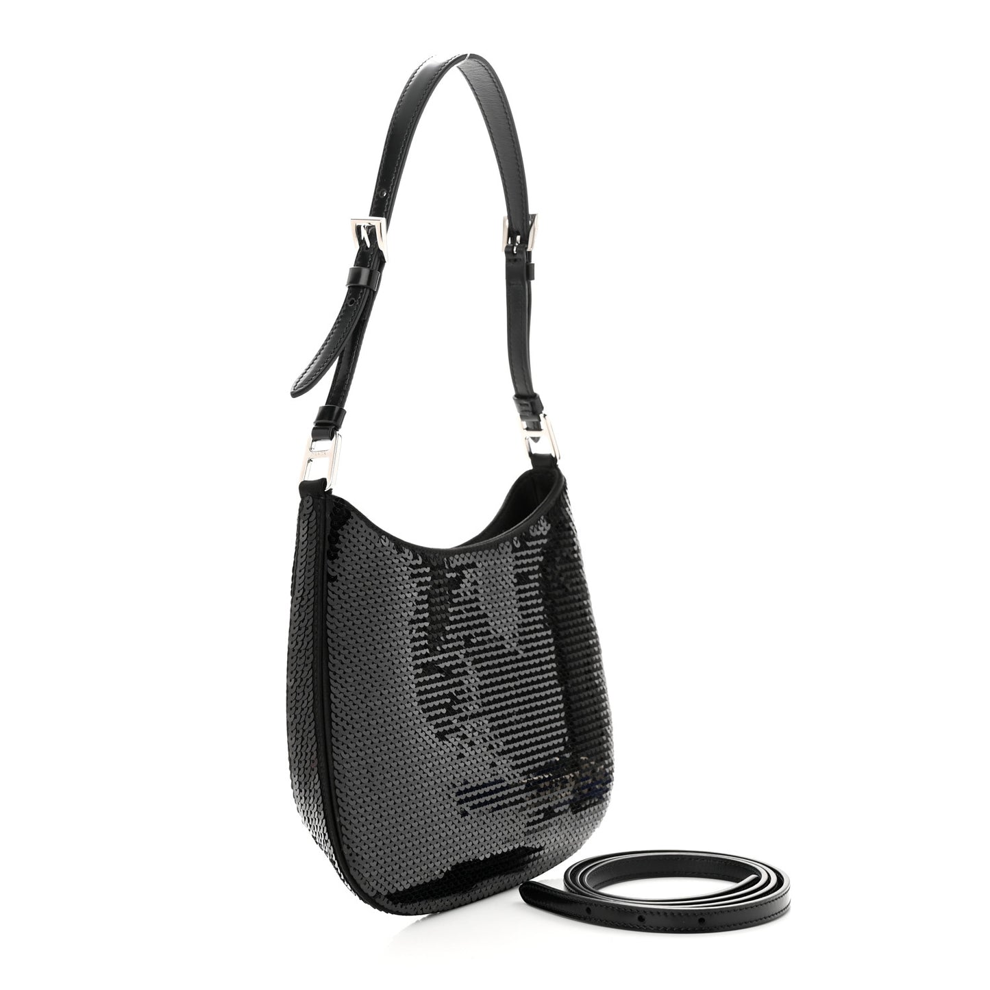 Paillettes Sequin Logo Cleo Adjustable Strap Shoulder Bag Black White