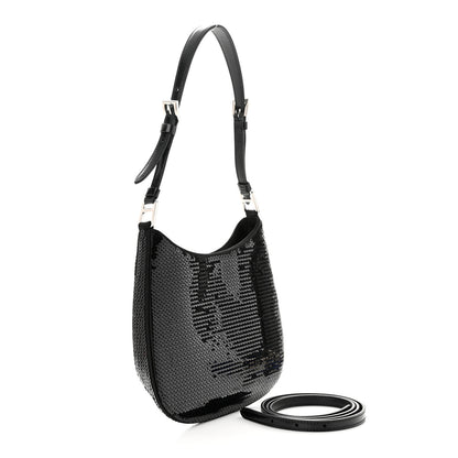 Prada Paillettes Sequin Logo Cleo Adjustable Strap Shoulder Bag Black White 3 of 10