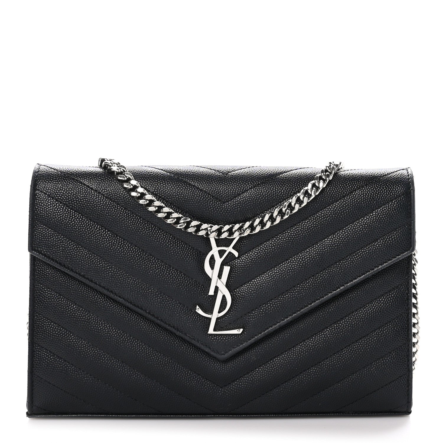 Saint Laurent Grain De Poudre Matelasse Chevron Monogram Chain Wallet Black 1 of 11