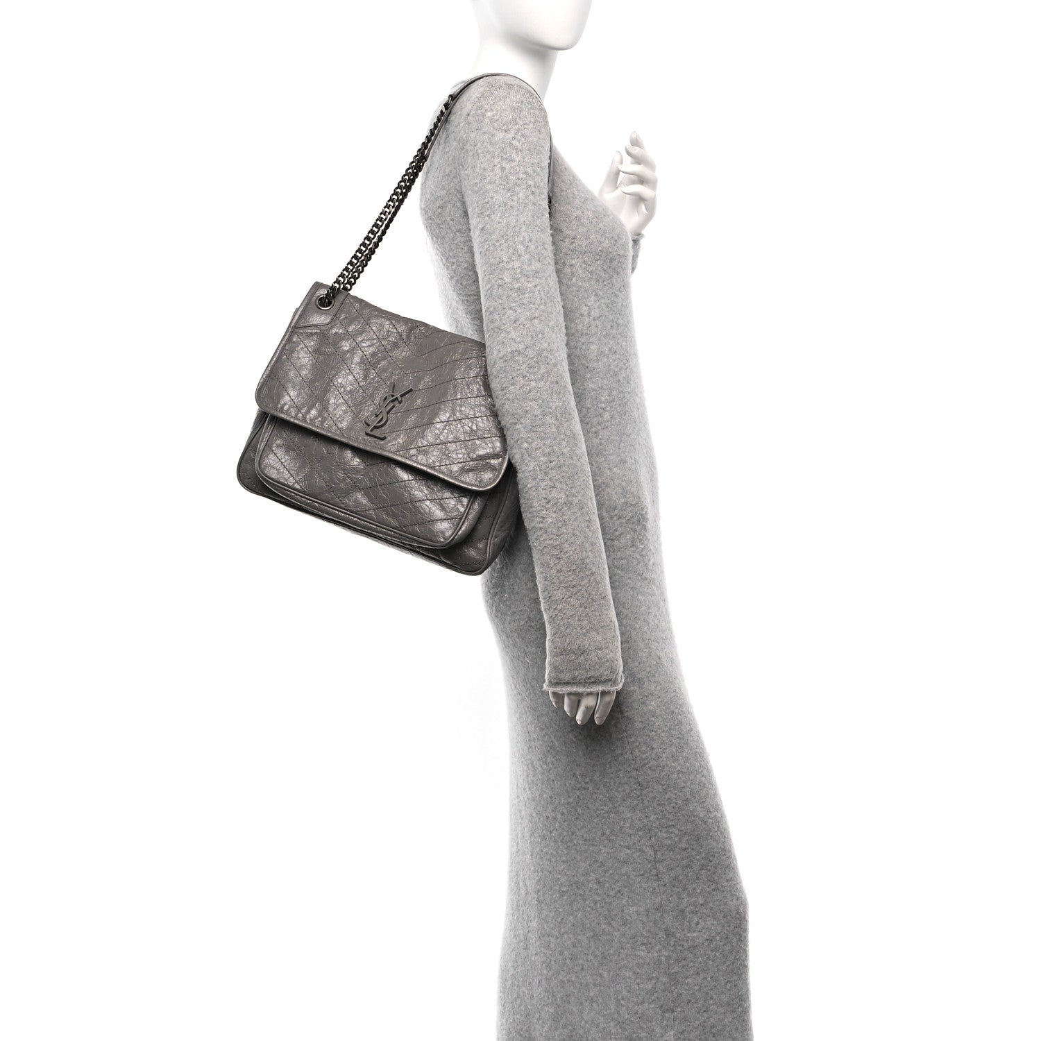 Saint Laurent Crinkled Calfskin Matelasse Monogram Large Niki Chain Satchel Fog 2 of 13