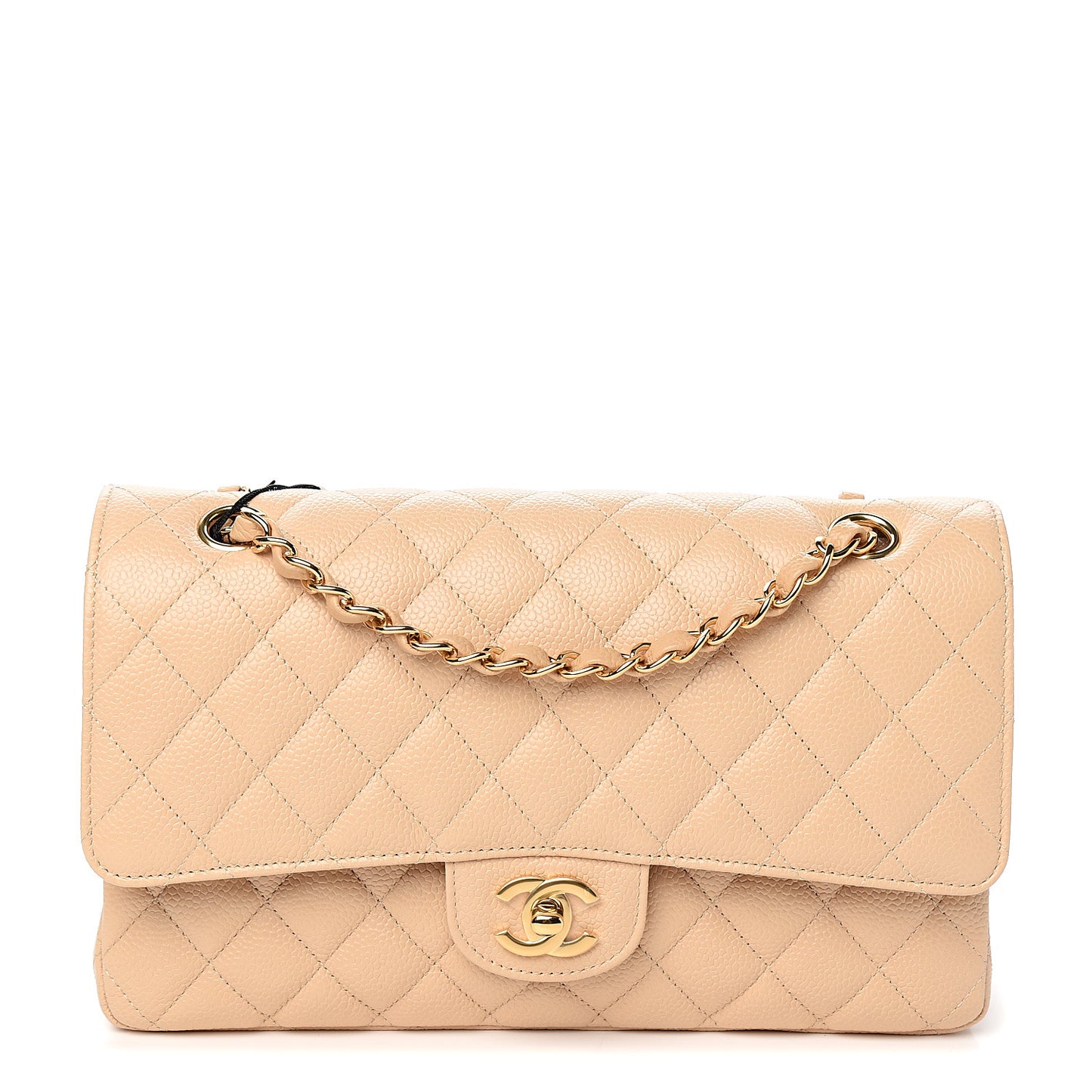 Caviar Quilted Medium Double Flap Beige