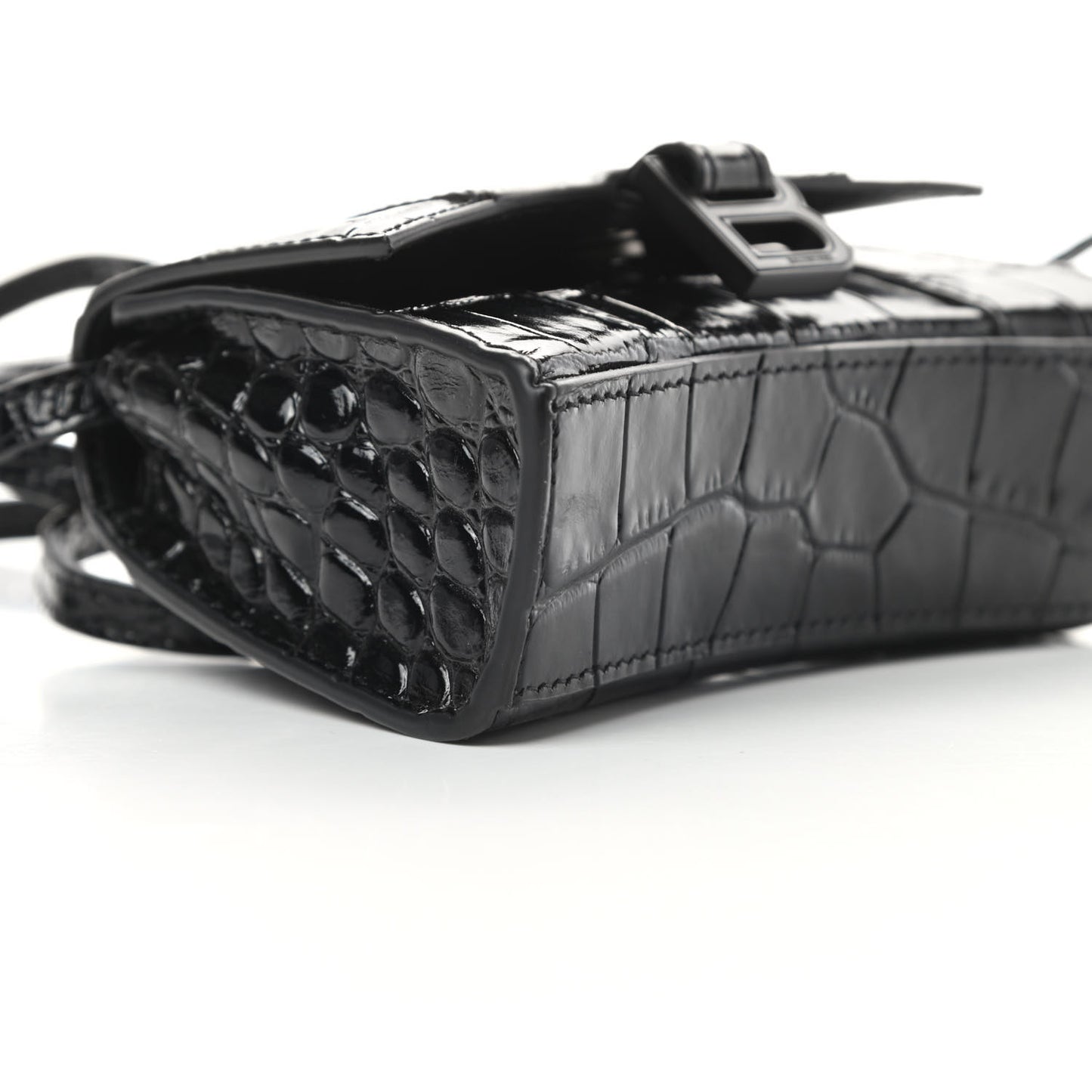 Shiny Calfskin Monochrome Crocodile Embossed Hourglass Top Handle Bag Mini Black