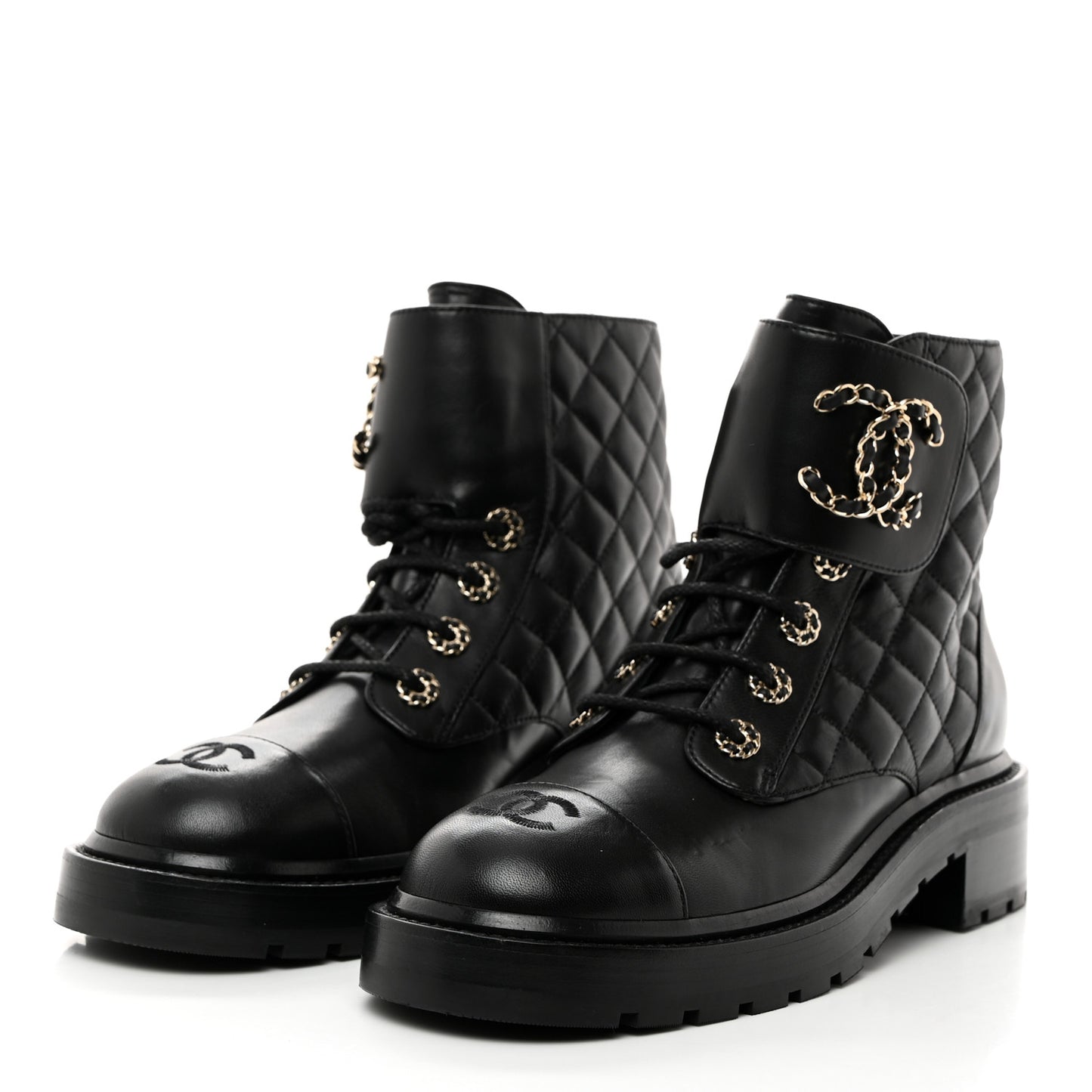 Shiny Lambskin Quilted Lace Up Combat Boots 38.5 Black