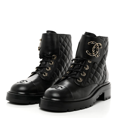 Chanel Shiny Lambskin Quilted Lace Up Combat Boots 38.5 Black 3 of 8