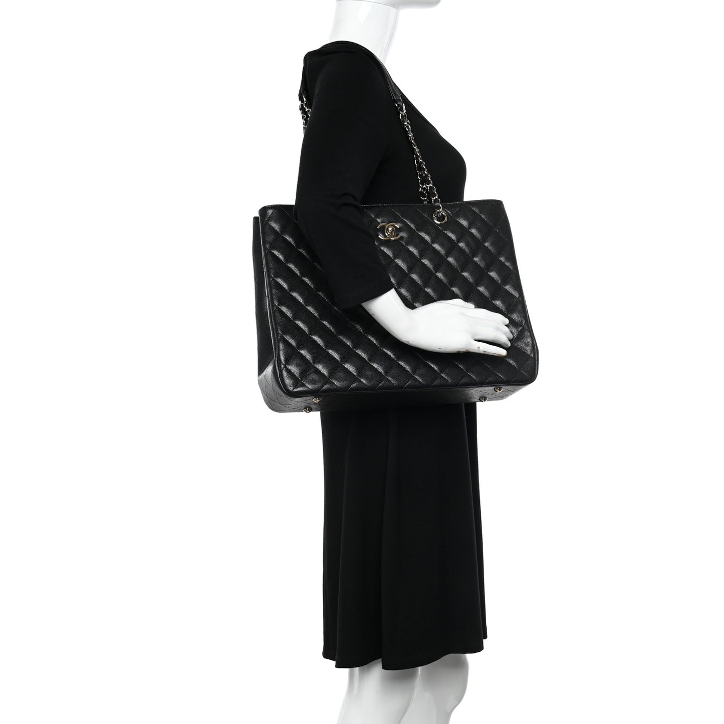 Caviar Quilted Large Shopping Tote Black