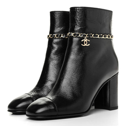 Chanel Crumpled Calfskin Cap Toe Chain Short Boots 36.5 Black 3 of 12