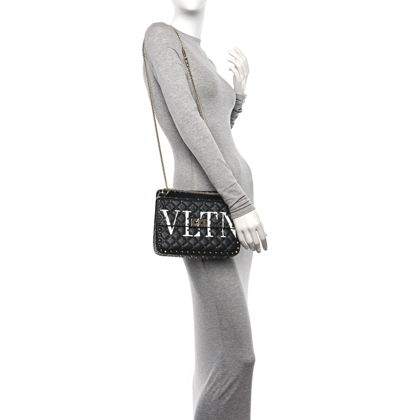 Lambskin VLTN Print Medium Rockstud Spike Shoulder Bag Black