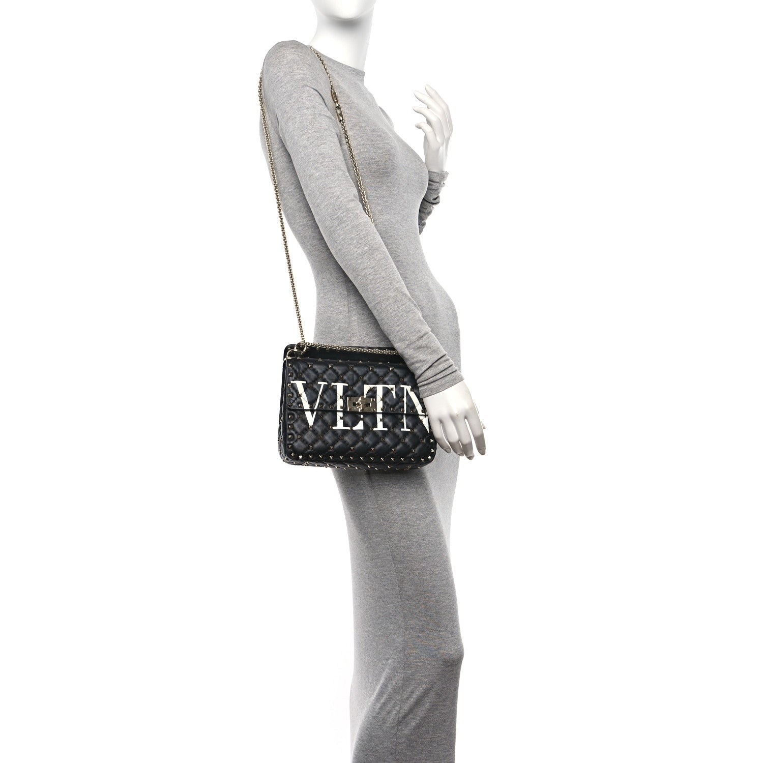 Valentino Garavani Lambskin VLTN Print Medium Rockstud Spike Shoulder Bag Black 2 of 9