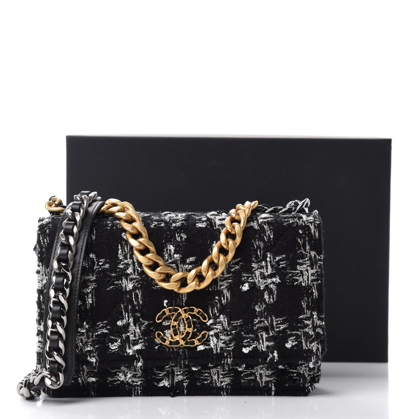 Tweed Quilted Chanel 19 Wallet On Chain WOC Black Silver Ecru
