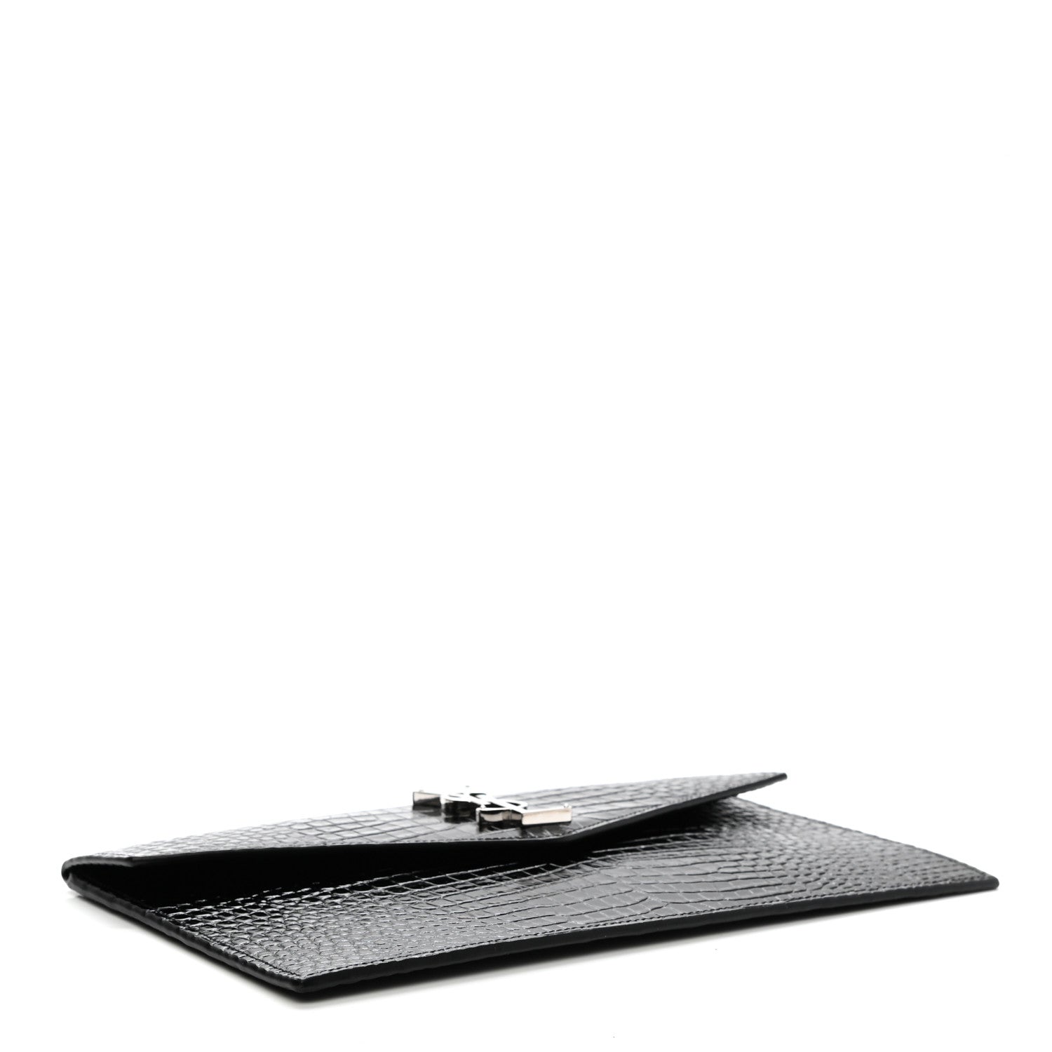 Saint Laurent Calfskin Crocodile Embossed Uptown Monogram Clutch Black 4 of 7