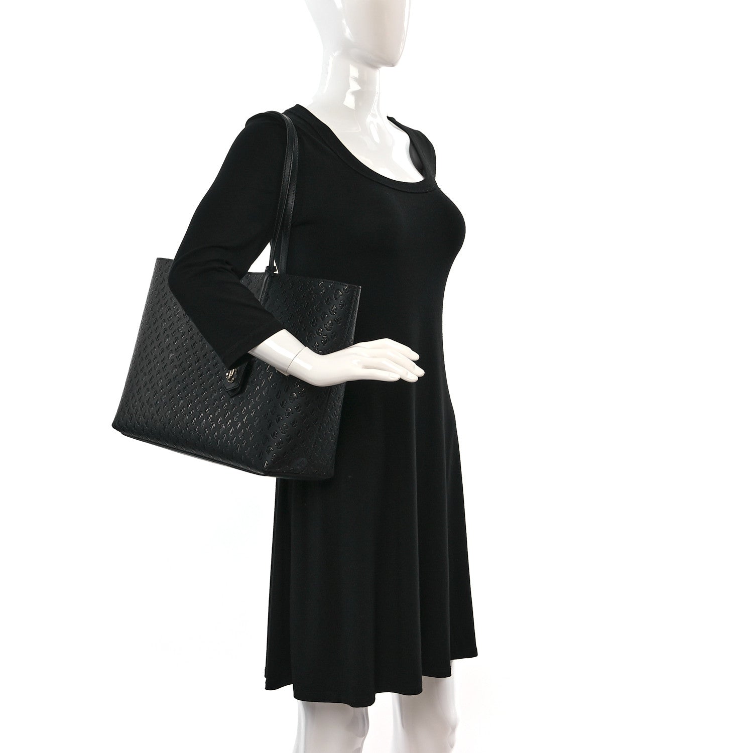 Jimmy Choo Calfskin Monogram Embossed Nine2Five East West Tote Black 2 of 15