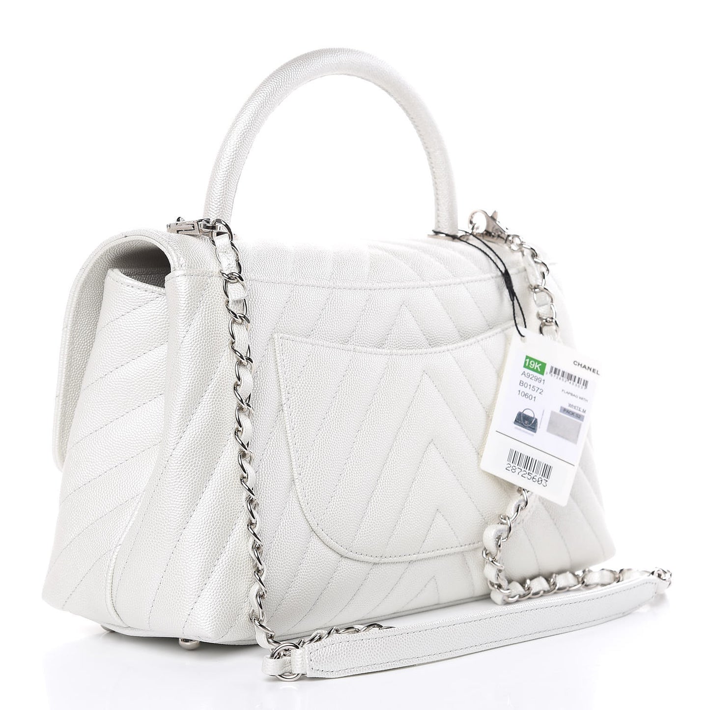 Iridescent Caviar Chevron Quilted Small Coco Handle Flap White