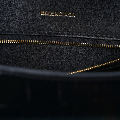 Balenciaga Shiny Calfskin Crocodile Embossed Small Hourglass Top Handle Bag Black 6 of 9