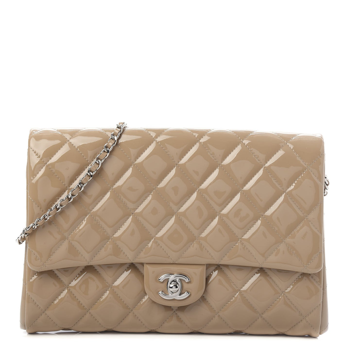 Patent Quilted Clutch with Chain Flap Beige