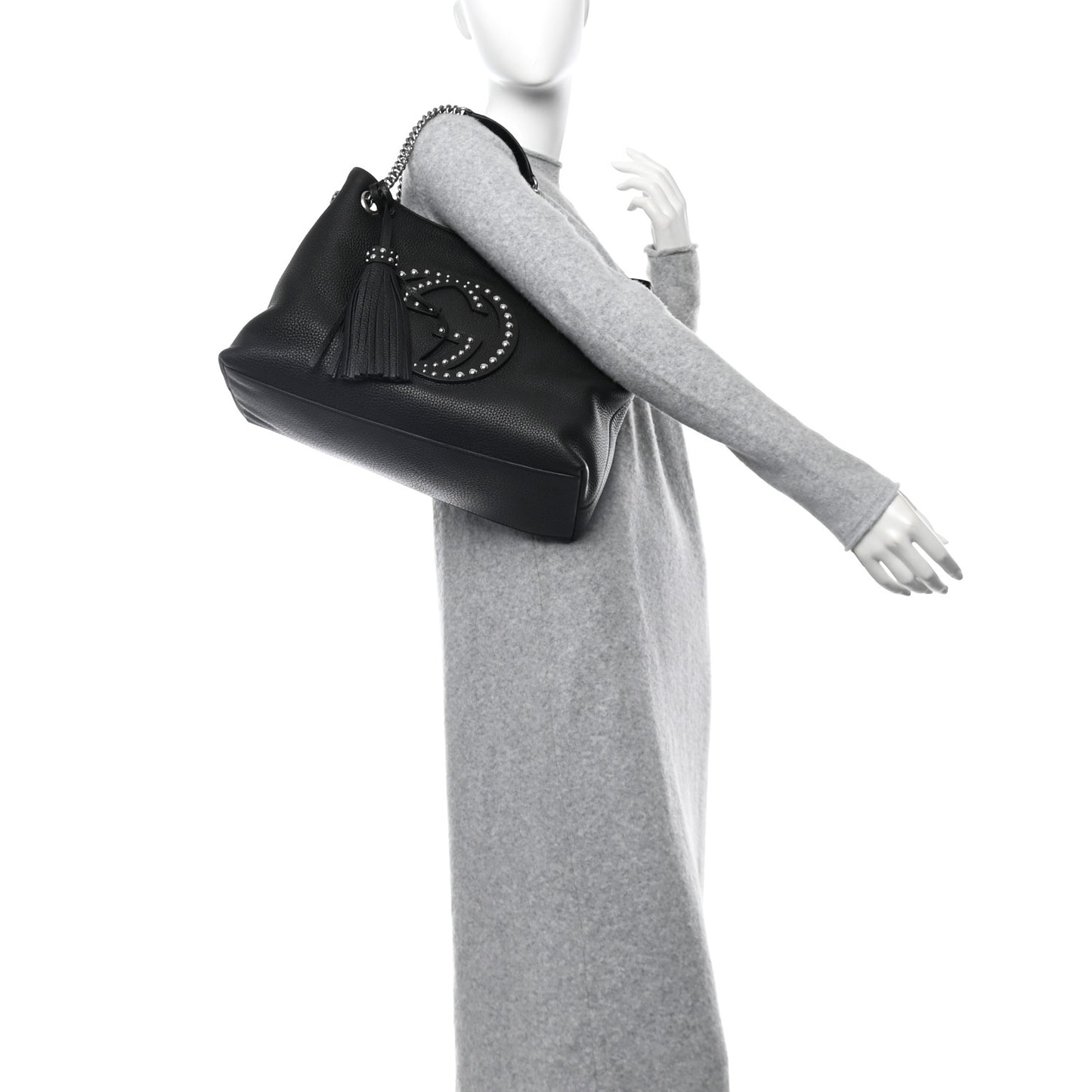 Pebbled Calfskin Studded Medium Soho Chain Shoulder Bag Black