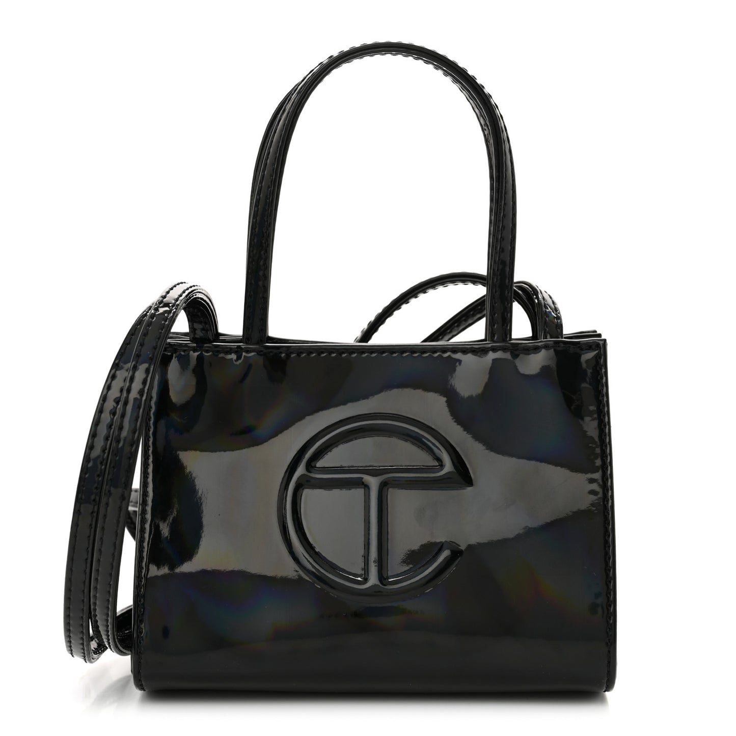 Patent Vegan Leather Small Shopping Bag Black Rainbow